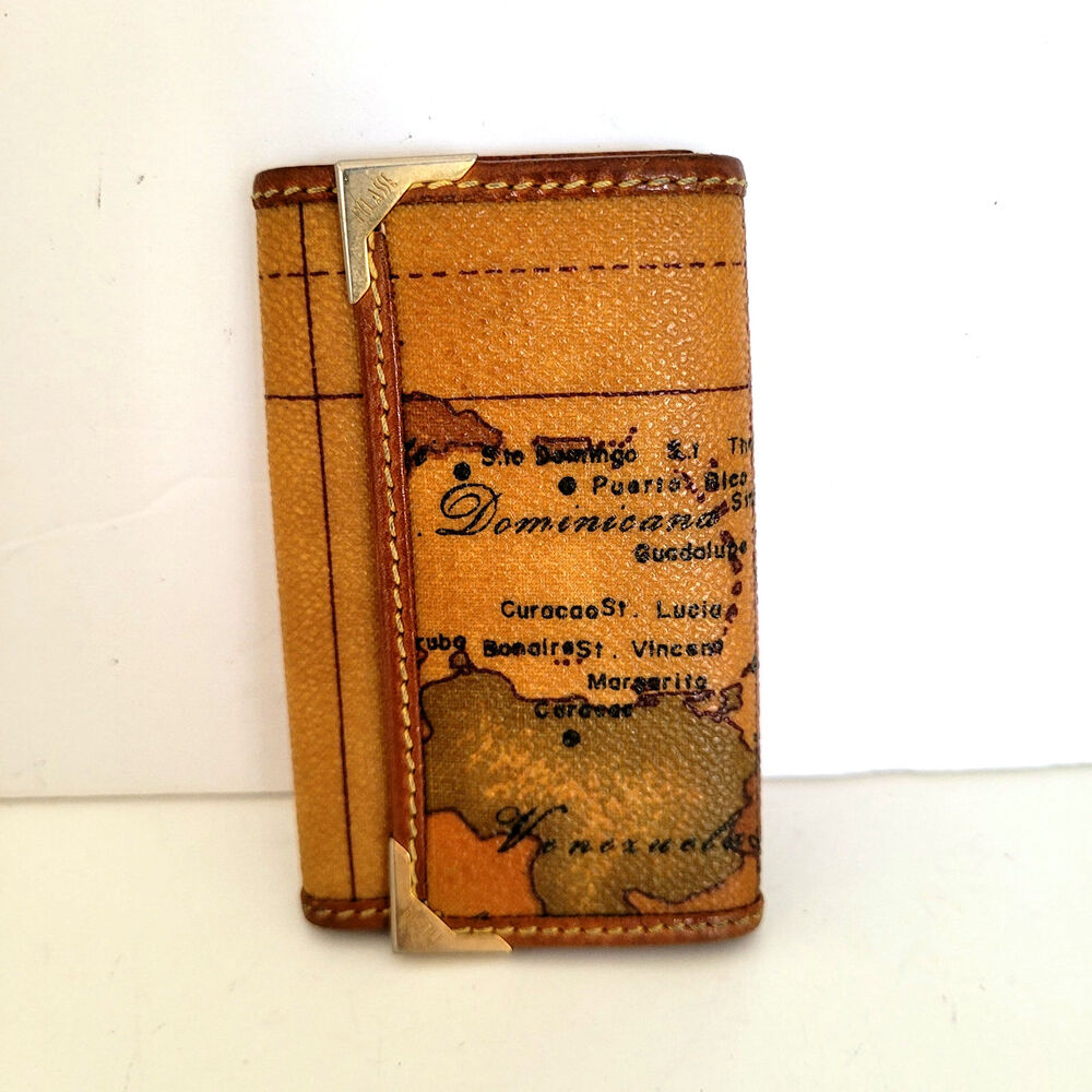 ALVIERO MARTINI 1° CLASSE Wallet Key Case Geo 6 hooks Holder Map Leather Italian